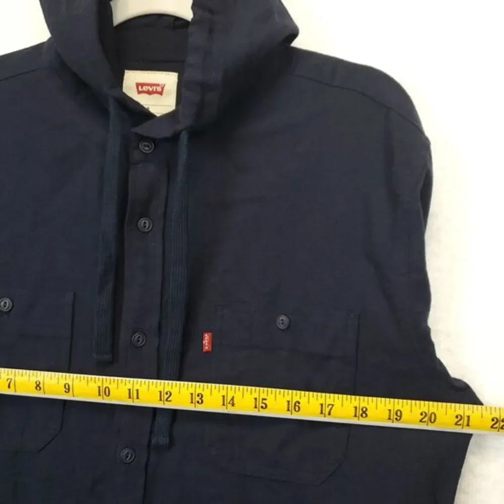 Levi's Button Up Hooded Shirt Men M Long Sleeve Front‎ Pockets Navy Blue Cotton